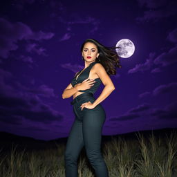 A striking image of a bold lady standing confidently under a night sky filled with deep purple hues, swirling clouds, and twinkling stars