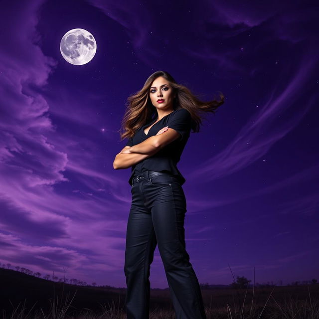 A striking image of a bold lady standing confidently under a night sky filled with deep purple hues, swirling clouds, and twinkling stars