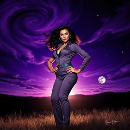 A striking image of a bold lady standing confidently under a night sky filled with deep purple hues, swirling clouds, and twinkling stars