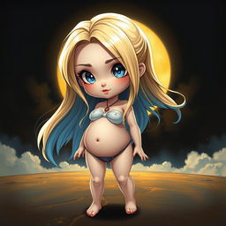 An attractive sexy girl with a prominent belly and intelligent-looking breasts, wonderful legs, and feet, depicted as a mysterious chibi young woman with long blonde hair highlighted in blue