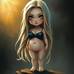An attractive sexy girl with a prominent belly and intelligent-looking breasts, wonderful legs, and feet, depicted as a mysterious chibi young woman with long blonde hair highlighted in blue