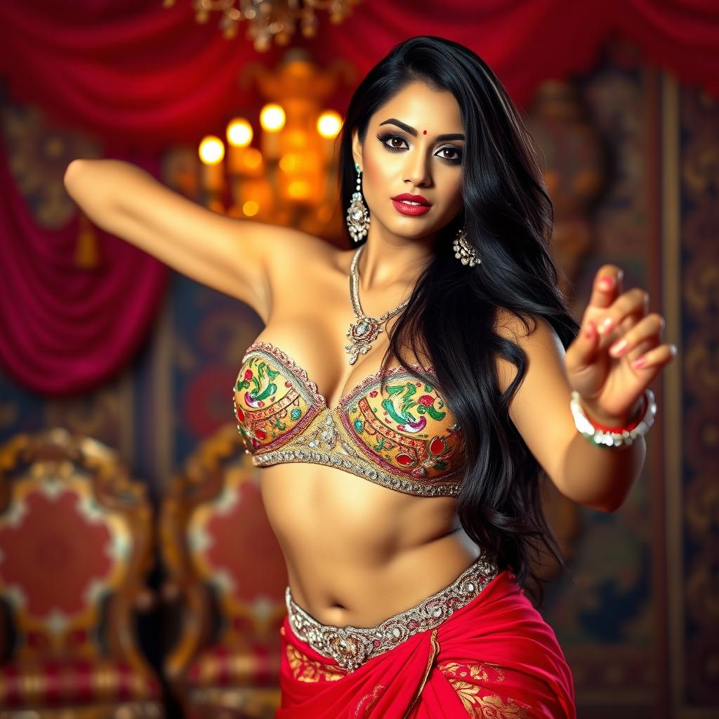 An Indian woman with long black hair, wearing a beautiful traditional outfit that shows her cleavage, confidently performing a graceful dance striptease in a vibrant, colorful setting