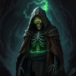 A menacing human turned lich standing in a dark, ominous cave