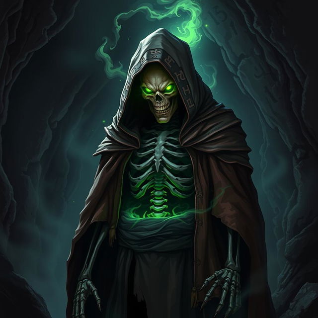 A menacing human turned lich standing in a dark, ominous cave