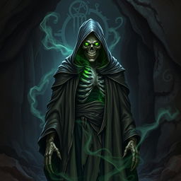 A menacing human turned lich standing in a dark, ominous cave