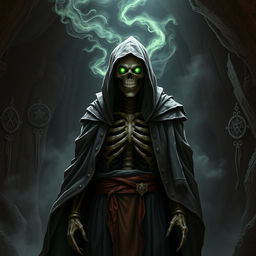 A menacing human turned lich standing in a dark, ominous cave