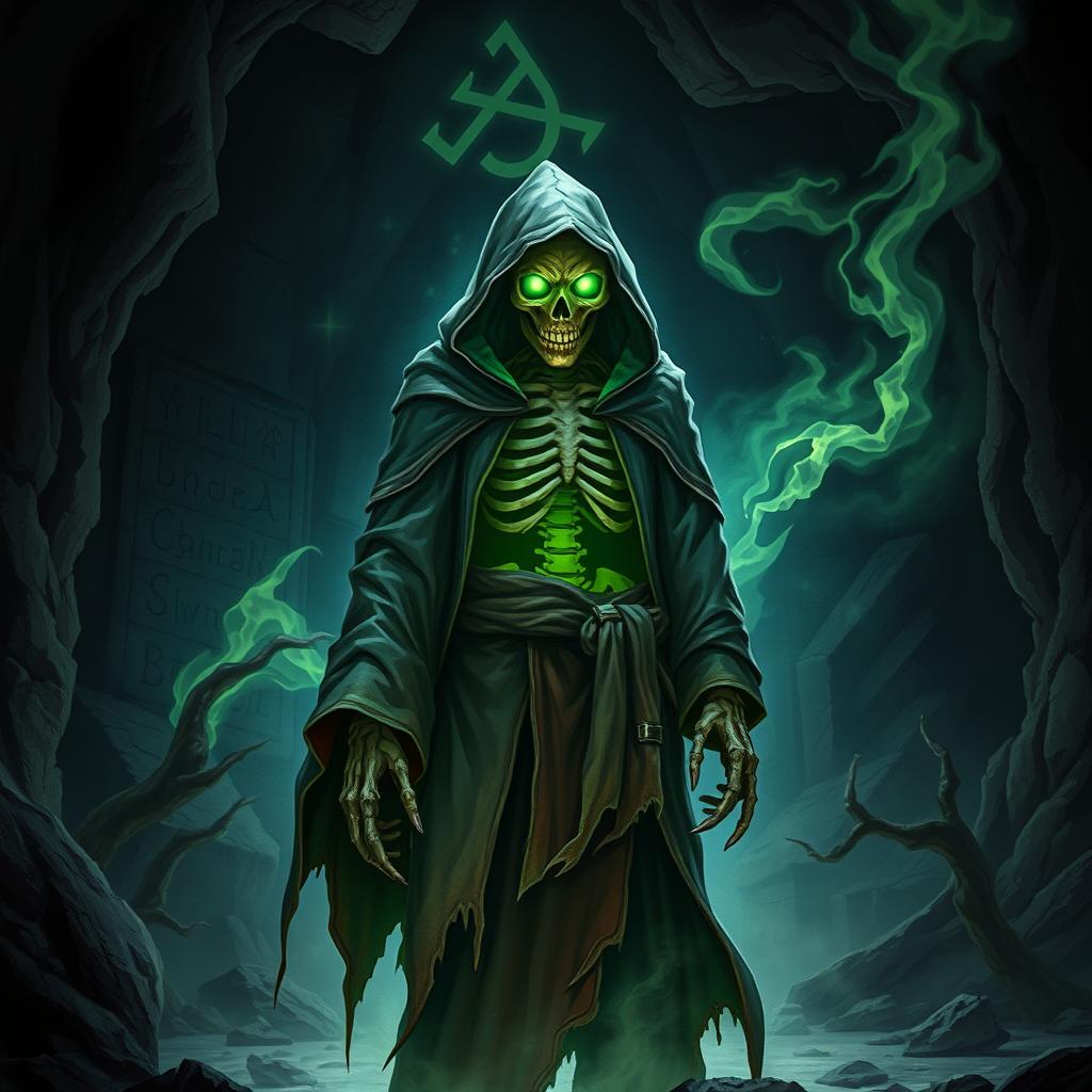 A menacing human turned lich standing in a dark, ominous cave