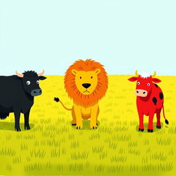 In a vast grassy plain, a sturdy black cow and a bright red cow stand bravely facing a fierce yellow lion