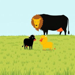 In a vast grassy plain, a sturdy black cow and a bright red cow stand bravely facing a fierce yellow lion