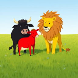 In a vast grassy plain, a sturdy black cow and a bright red cow stand bravely facing a fierce yellow lion