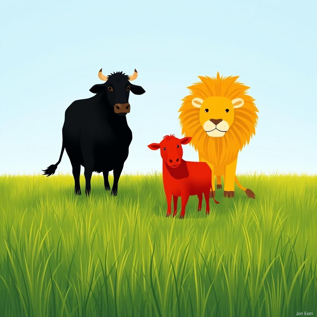 In a vast grassy plain, a sturdy black cow and a bright red cow stand bravely facing a fierce yellow lion