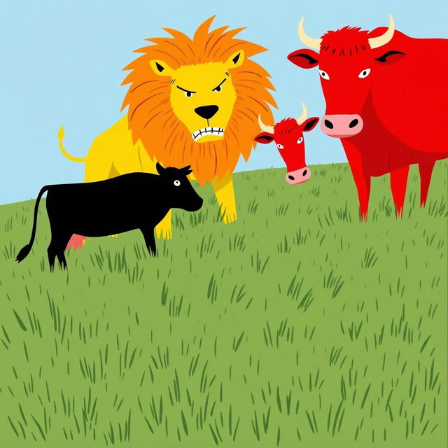 On a vast grassy plain, a sturdy black cow and a striking red cow stand firmly opposite a fierce yellow lion