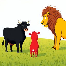 On a vast grassy plain, a sturdy black cow and a striking red cow stand firmly opposite a fierce yellow lion