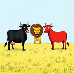 On a vast grassy plain, a sturdy black cow and a striking red cow stand firmly opposite a fierce yellow lion
