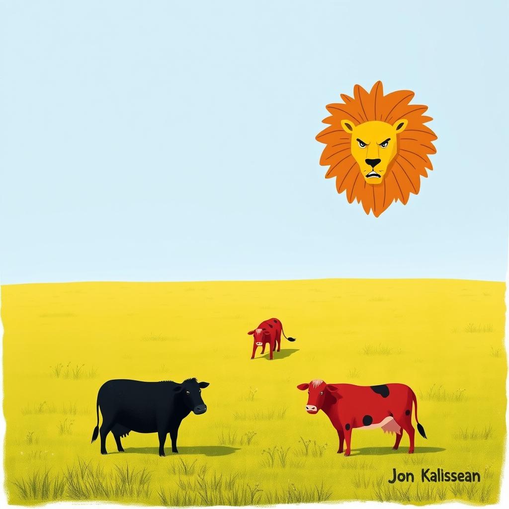 On a vast grassy plain, a sturdy black cow and a striking red cow stand firmly opposite a fierce yellow lion