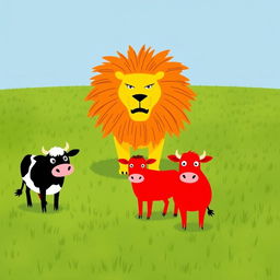 In a vast grassy plain, a daring black cow and a bright red cow stand firmly in opposition to a fierce yellow lion