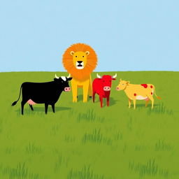 In a vast grassy plain, a daring black cow and a bright red cow stand firmly in opposition to a fierce yellow lion