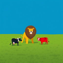 In a vast grassy plain, a daring black cow and a bright red cow stand firmly in opposition to a fierce yellow lion