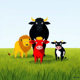 In a vast grassy plain, a daring black cow and a bright red cow stand firmly in opposition to a fierce yellow lion