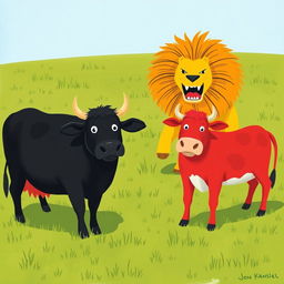 On a sprawling grassy plain, a courageous black cow and a vibrant red cow stand together in defiance of a fierce yellow lion
