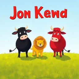 On a sprawling grassy plain, a courageous black cow and a vibrant red cow stand together in defiance of a fierce yellow lion
