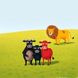 On a sprawling grassy plain, a courageous black cow and a vibrant red cow stand together in defiance of a fierce yellow lion