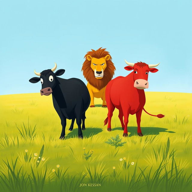 On a sprawling grassy plain, a courageous black cow and a vibrant red cow stand together in defiance of a fierce yellow lion