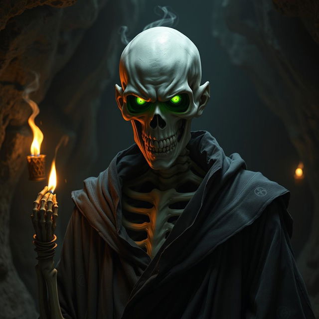 A menacing human turned lich with human-like features, standing in a dark, foreboding setting