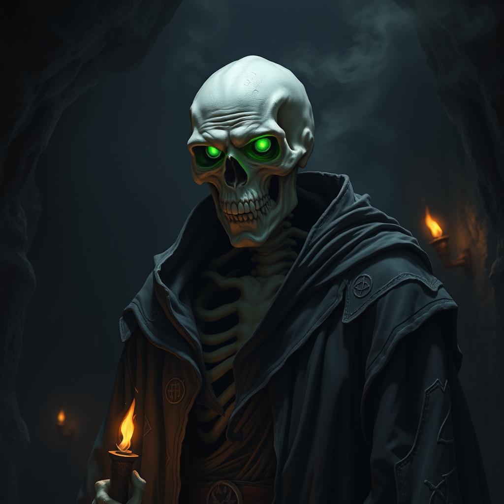 A menacing human turned lich with human-like features, standing in a dark, foreboding setting