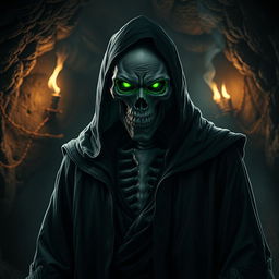 A menacing human turned lich with human-like features, standing in a dark, foreboding setting