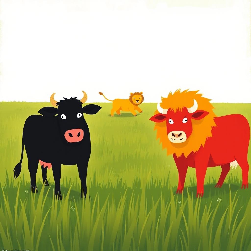 In the heart of a vast grassy plain, a bold black cow and a vibrant red cow stand together, bravely facing a fierce yellow lion across from them