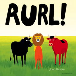 In the heart of a vast grassy plain, a bold black cow and a vibrant red cow stand together, bravely facing a fierce yellow lion across from them