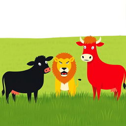 In the heart of a vast grassy plain, a bold black cow and a vibrant red cow stand together, bravely facing a fierce yellow lion across from them