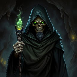 A sinister human turned lich, draped in tattered wizard robes, standing in a shadowy, ancient cave