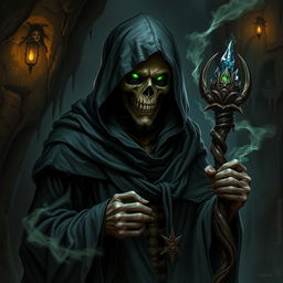 A sinister human turned lich, draped in tattered wizard robes, standing in a shadowy, ancient cave