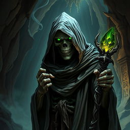 A sinister human turned lich, draped in tattered wizard robes, standing in a shadowy, ancient cave