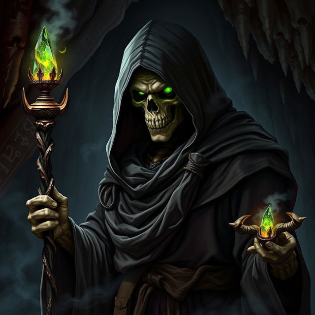 A sinister human turned lich, draped in tattered wizard robes, standing in a shadowy, ancient cave