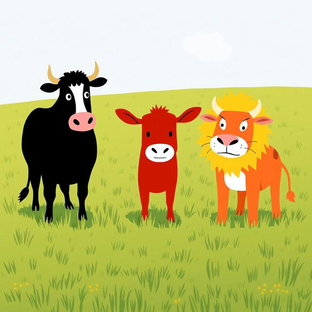 On a picturesque grassy plain, a bold black cow and a striking red cow stand side by side, bravely facing off against a fierce yellow lion in front of them