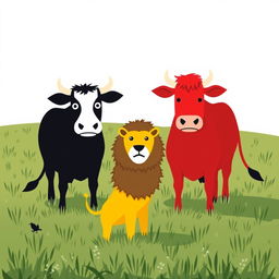 On a picturesque grassy plain, a bold black cow and a striking red cow stand side by side, bravely facing off against a fierce yellow lion in front of them