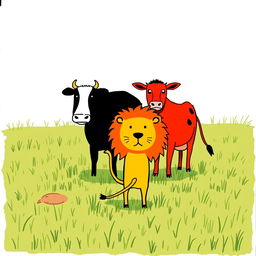 On a picturesque grassy plain, a bold black cow and a striking red cow stand side by side, bravely facing off against a fierce yellow lion in front of them