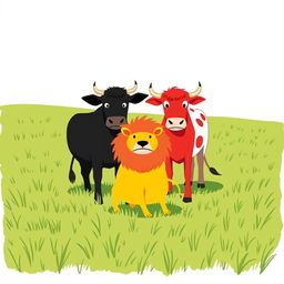 On a picturesque grassy plain, a bold black cow and a striking red cow stand side by side, bravely facing off against a fierce yellow lion in front of them