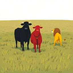 On a vast grassland, a fierce scene unfolds with a black cow and a red cow standing bravely side by side, united in their stance against a menacing large yellow lion approaching them