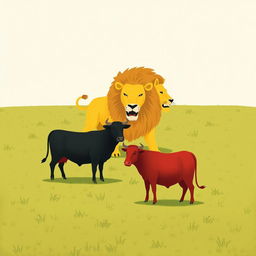 On a vast grassland, a fierce scene unfolds with a black cow and a red cow standing bravely side by side, united in their stance against a menacing large yellow lion approaching them