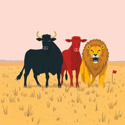 On a vast grassland, a fierce scene unfolds with a black cow and a red cow standing bravely side by side, united in their stance against a menacing large yellow lion approaching them