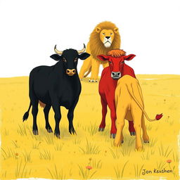 On a vast grassland, a fierce scene unfolds with a black cow and a red cow standing bravely side by side, united in their stance against a menacing large yellow lion approaching them