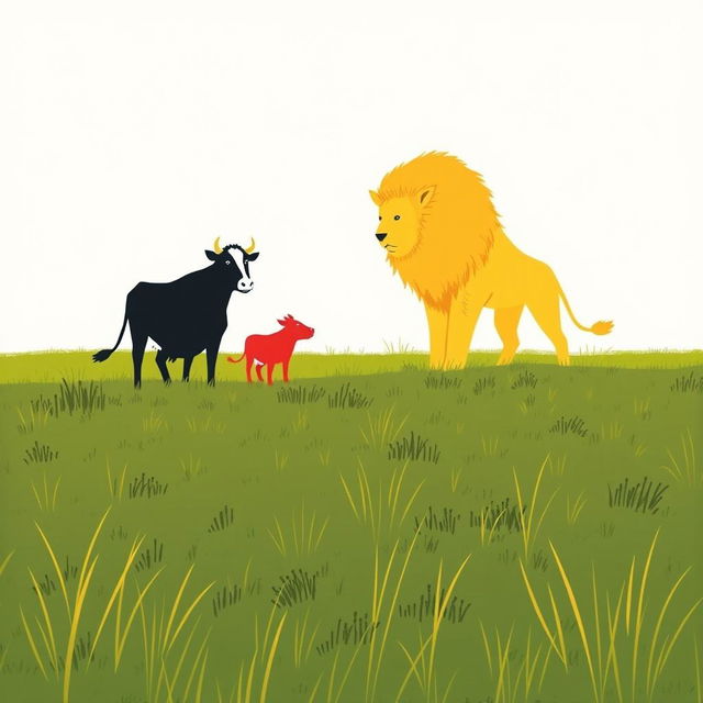 On a sprawling grassland, a courageous scene is depicted where a black cow and a red cow stand together in a determined stance, facing off against a fierce large yellow lion that approaches ominously