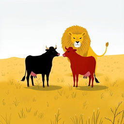 On a sprawling grassland, a courageous scene is depicted where a black cow and a red cow stand together in a determined stance, facing off against a fierce large yellow lion that approaches ominously
