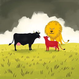On a sprawling grassland, a courageous scene is depicted where a black cow and a red cow stand together in a determined stance, facing off against a fierce large yellow lion that approaches ominously
