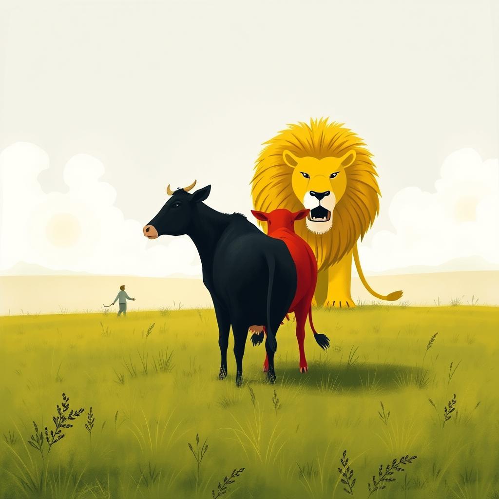 On a sprawling grassland, a courageous scene is depicted where a black cow and a red cow stand together in a determined stance, facing off against a fierce large yellow lion that approaches ominously