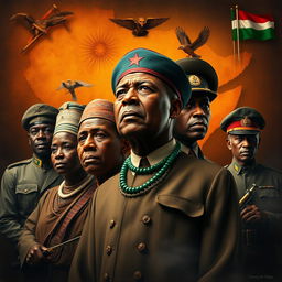 A striking representation of a historical African dictatorship, showcasing prominent political figures from the era, surrounded by symbols of power and oppression